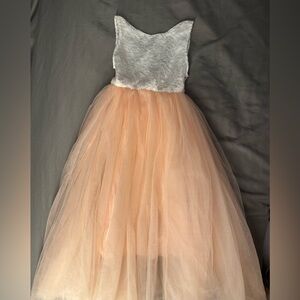 White and Peach Tulle and Lace Dress Girl Size 5/6 Wedding See Thru Lace Back
